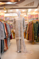3-PC Stitcehd Print & Embroidered Sadabahar With Plazo Trouser | P-14